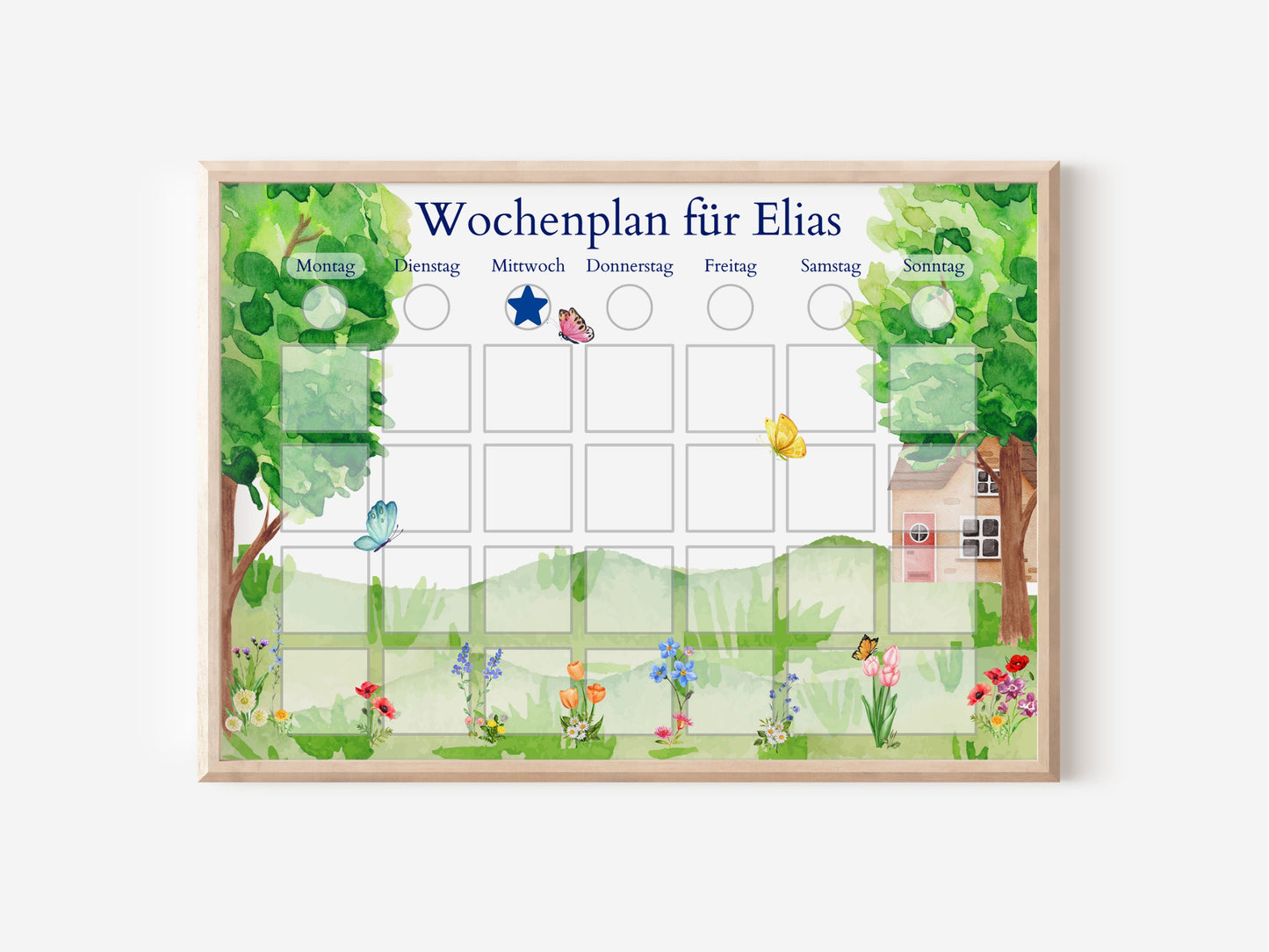 Magnetboard Wochenplan "Garten" personalisiert für Kinder und Teenager, 246 Routine Karten, 40-80 Neodym-Magnete, Montessori Routineplan