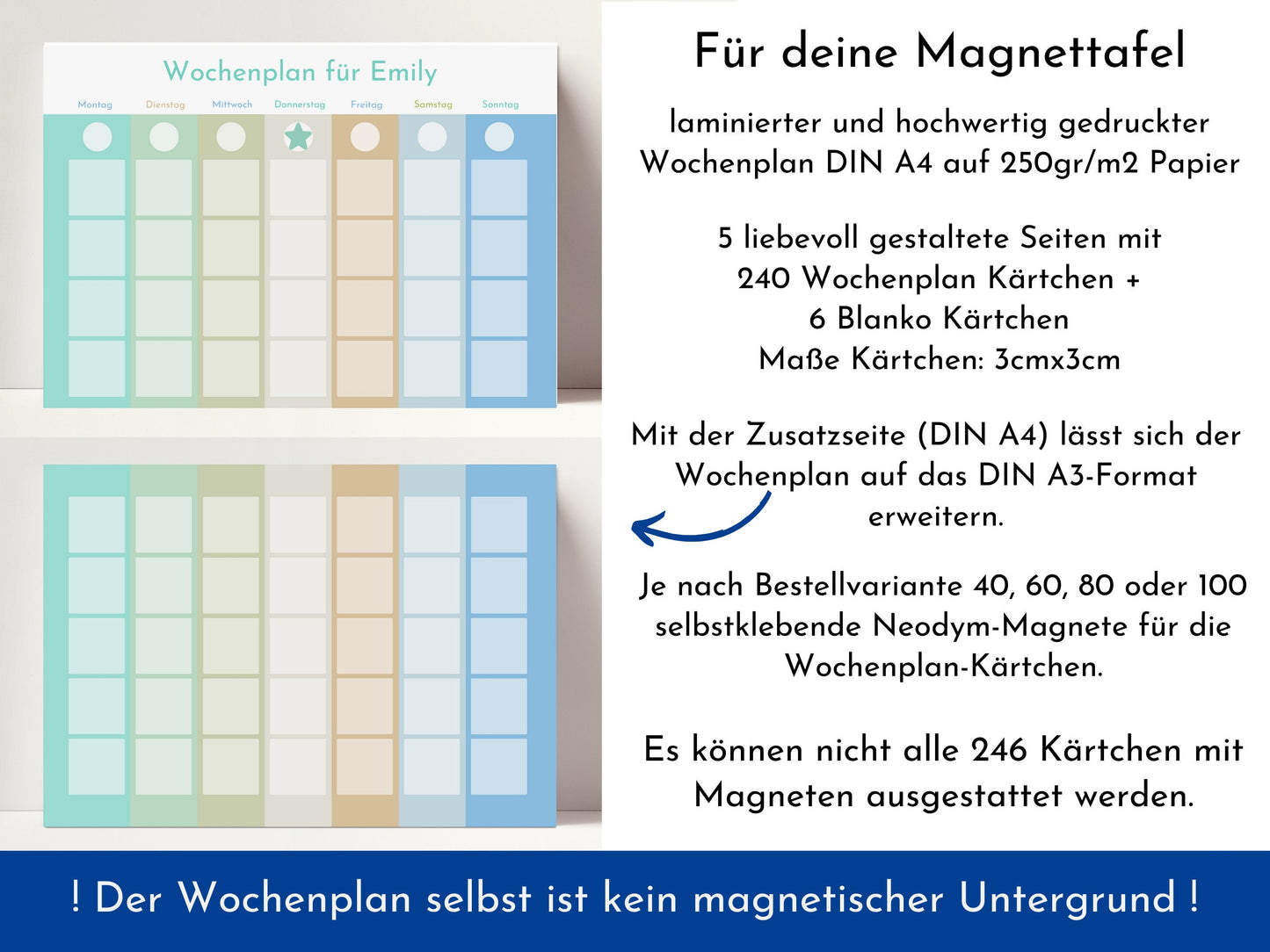Personalisierter Magnetboard Wochenplan "Morgentau" für Kinder, 246 Routine Karten, 40-100 Magnete, Montessori Routineplan Familie Nordstern