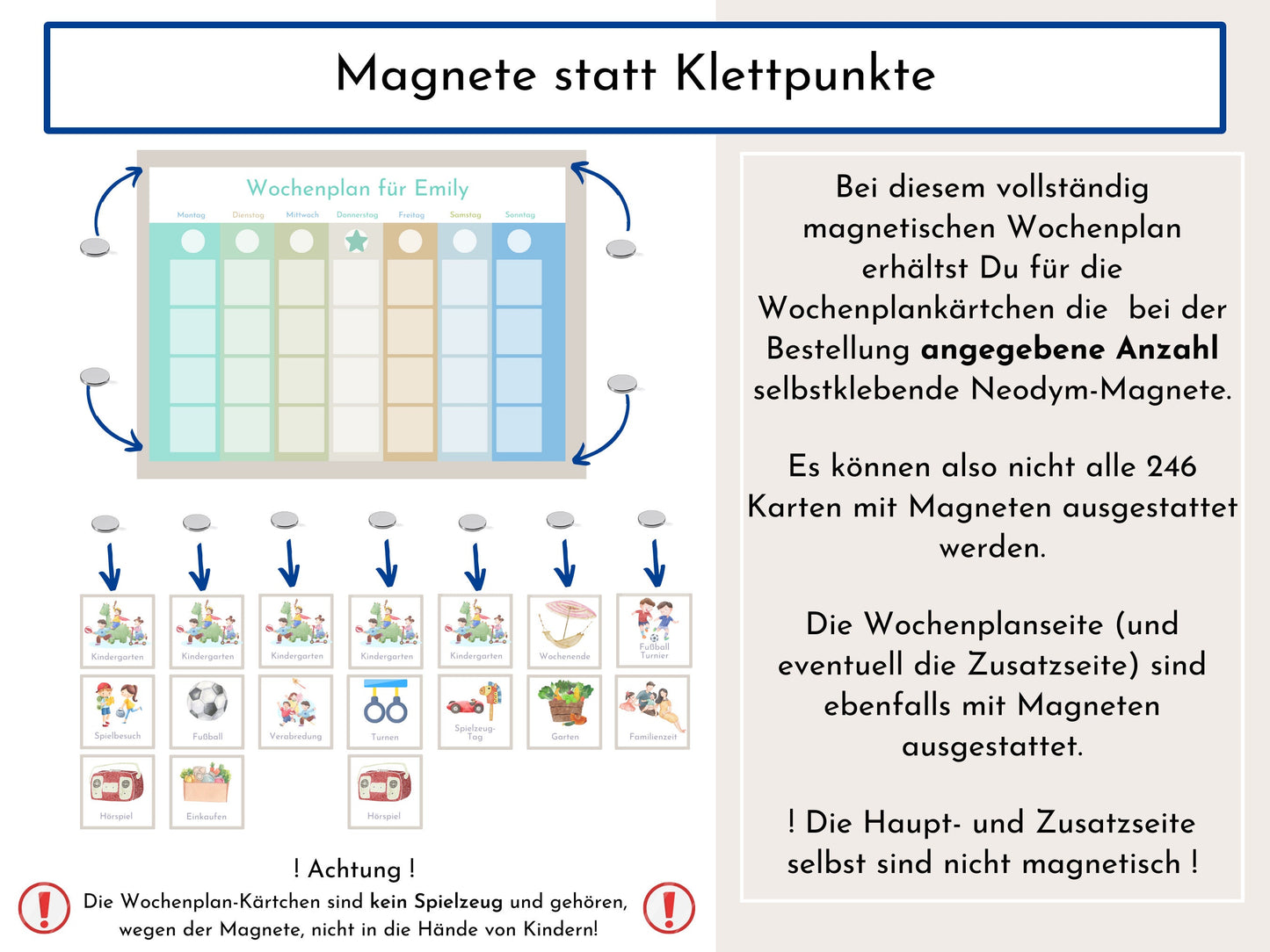 Personalisierter Magnetboard Wochenplan "Morgentau" für Kinder, 246 Routine Karten, 40-100 Magnete, Montessori Routineplan Familie Nordstern