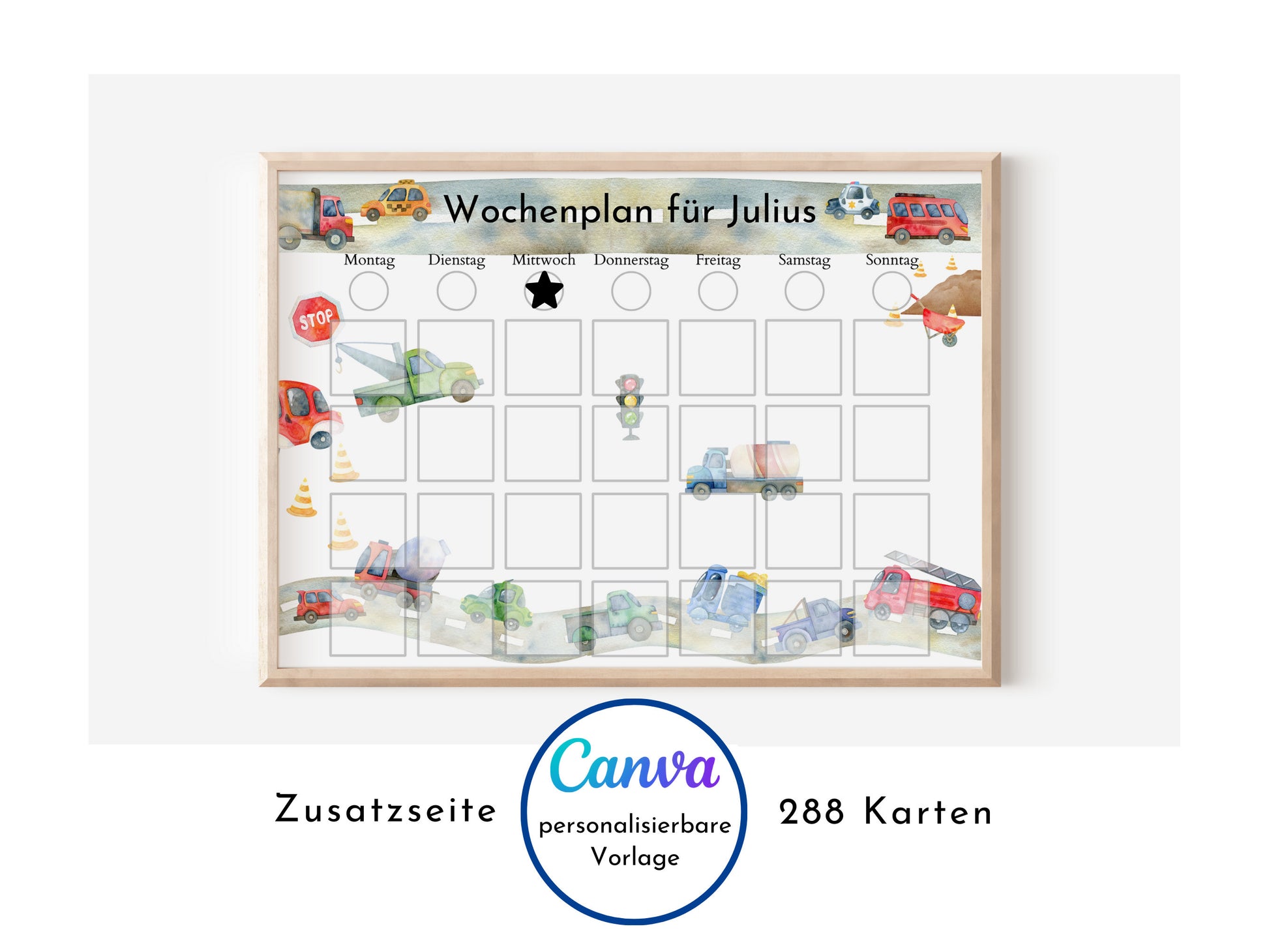 Wochenplan für Kinder mit 288 Routine Karten, personalisierbar, PDF Sofort-Download, Geburtstag Geschenk Canva Vorlage "Autos und Laster"
