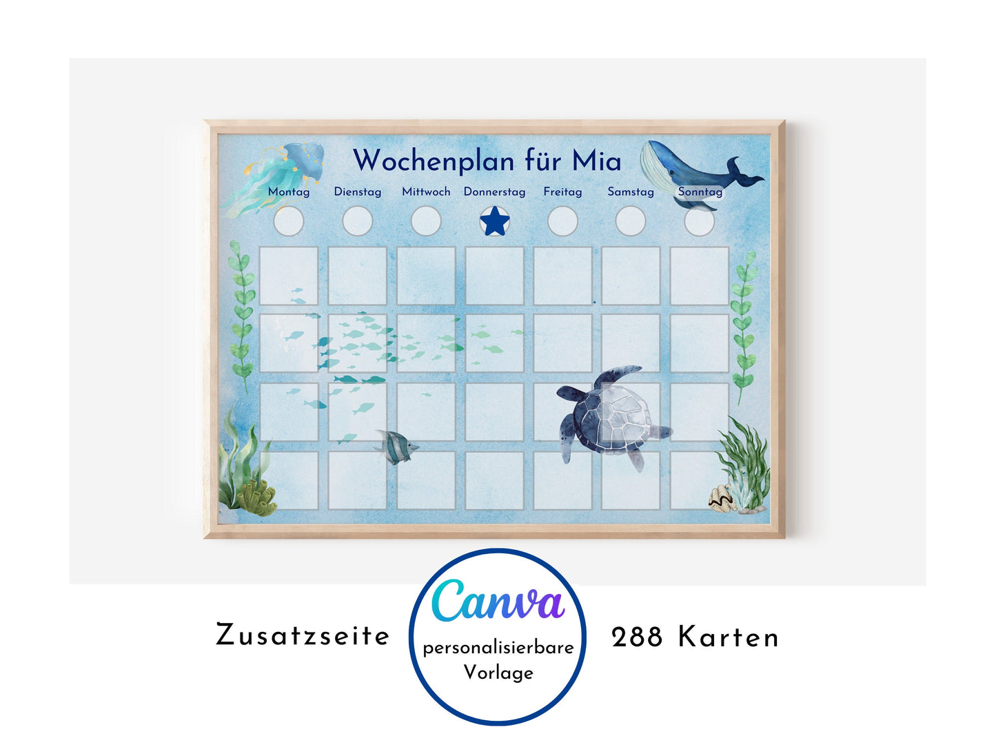 Wochenplan personalisiert für Kinder, 288 Kärtchen zum Ausdrucken, Sofort-Download, Geburtstagsgeschenk und zum Verschenken "Meerestiere"
