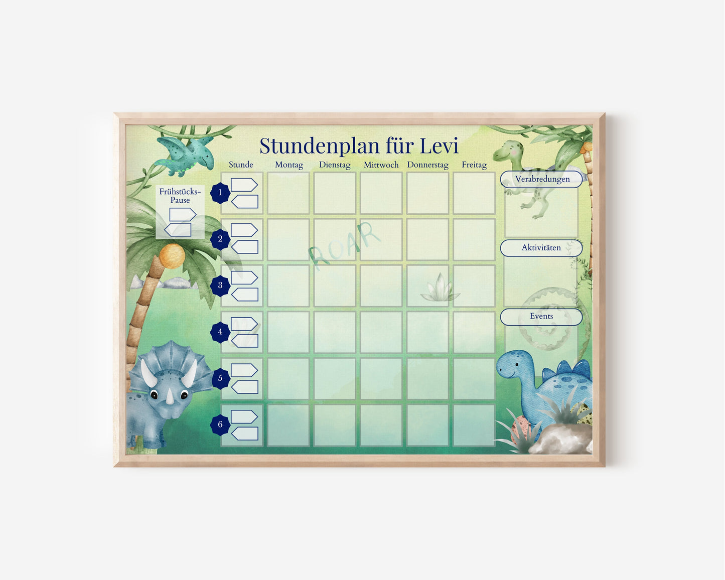 Stundenplan mit 70 Schulfach Kärtchen, personalisiert Grundschule Schulanfang Geschenk, laminiert magnetisch, Geburtstag Einschulung "Dinos"