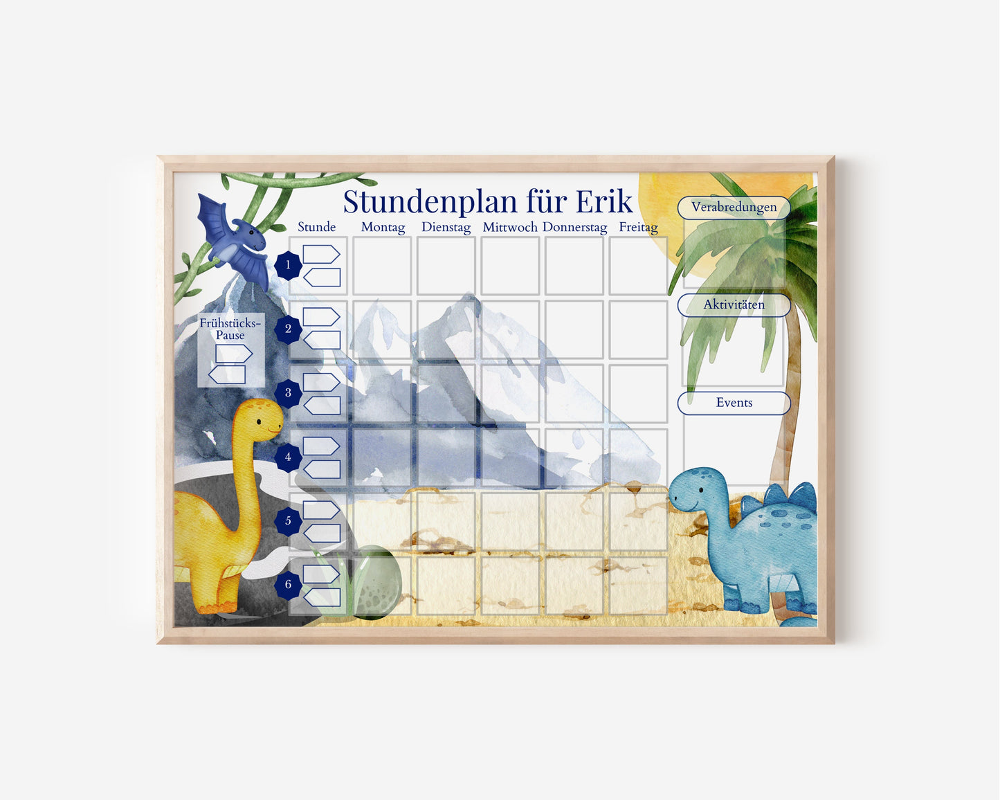 Stundenplan mit 70 Schulfach-Kärtchen, personalisiert, abwischbar laminiert magnetisch, Einschulung Grundschule Schulanfang Geschenk "Dinos"