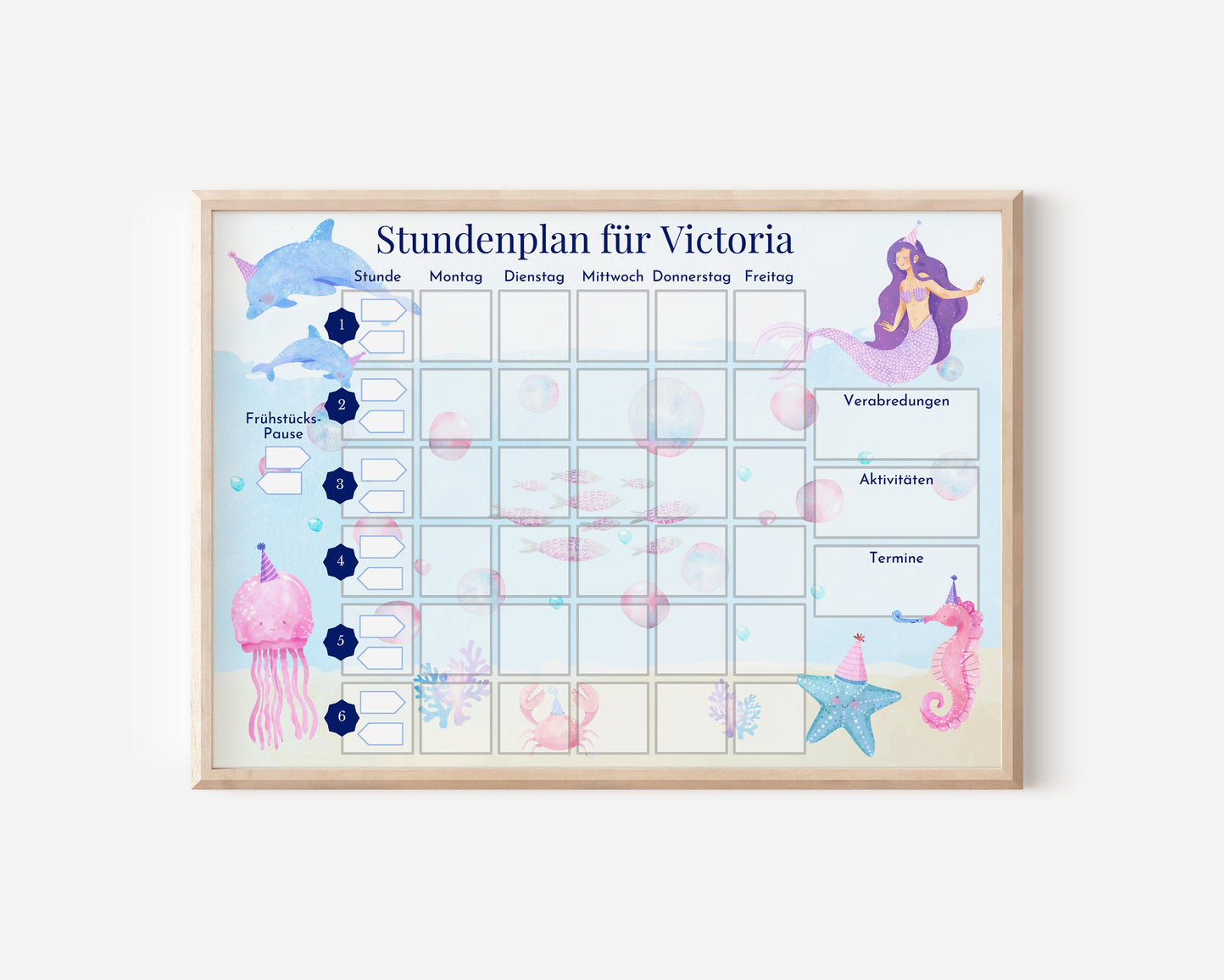 Stundenplan "Meerjungfrau" mit 70 Schulfach Kärtchen, personalisiert für die Grundschule, laminiert, magnetisch, Geschenkidee Einschulung