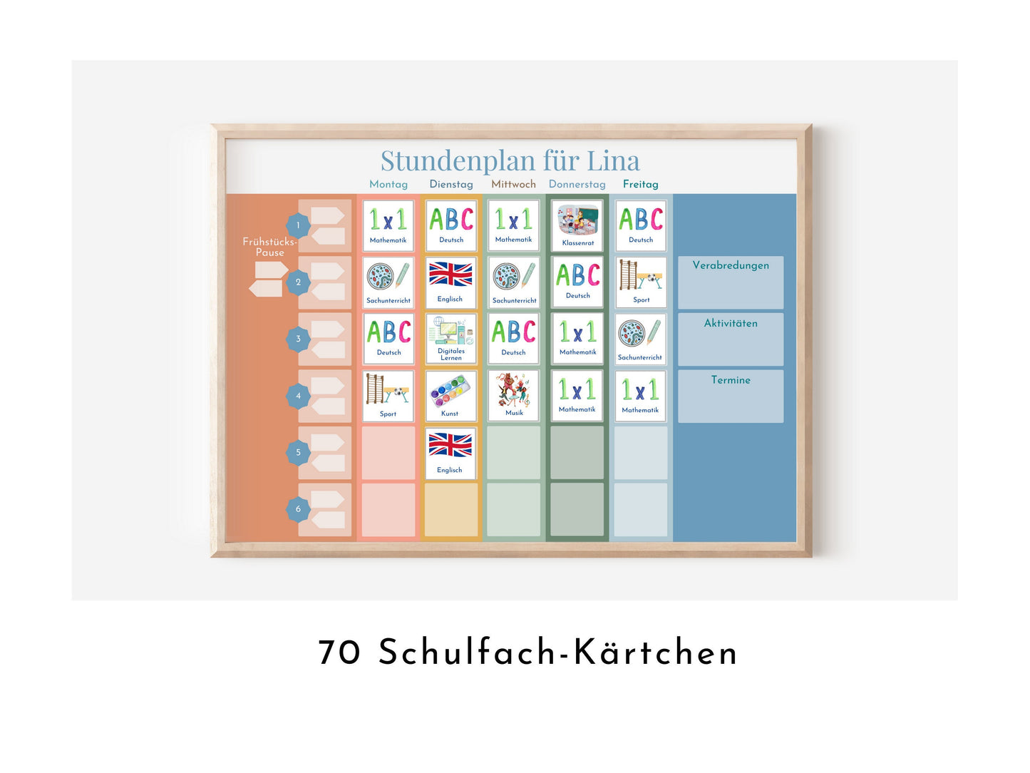 Stundenplan "Himmel und Erde" mit 70 Schulfach Kärtchen, personalisiert, Stundentafel laminiert abwischbar magnetisch, Geschenk Einschulung