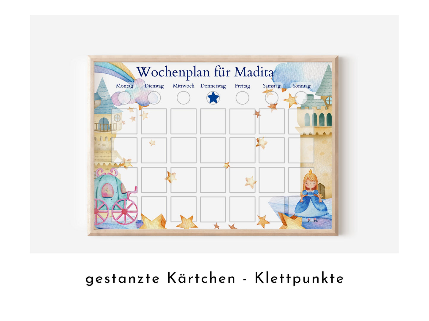 Wochenplaner mit 246 Routine Karten, personalisiert für Kinder, Geschenkidee 1. Geburtstag, laminiert magnetisch, Wochenplan "Prinzessin"