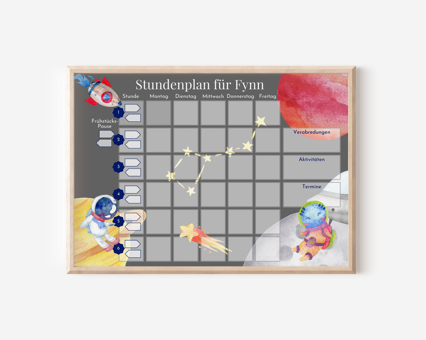 Stundenplan "Astronaut" mit 70 Schulfach Kärtchen, personalisiert für die Grundschule, laminiert abwischbar magnetisch, Geschenk Einschulung