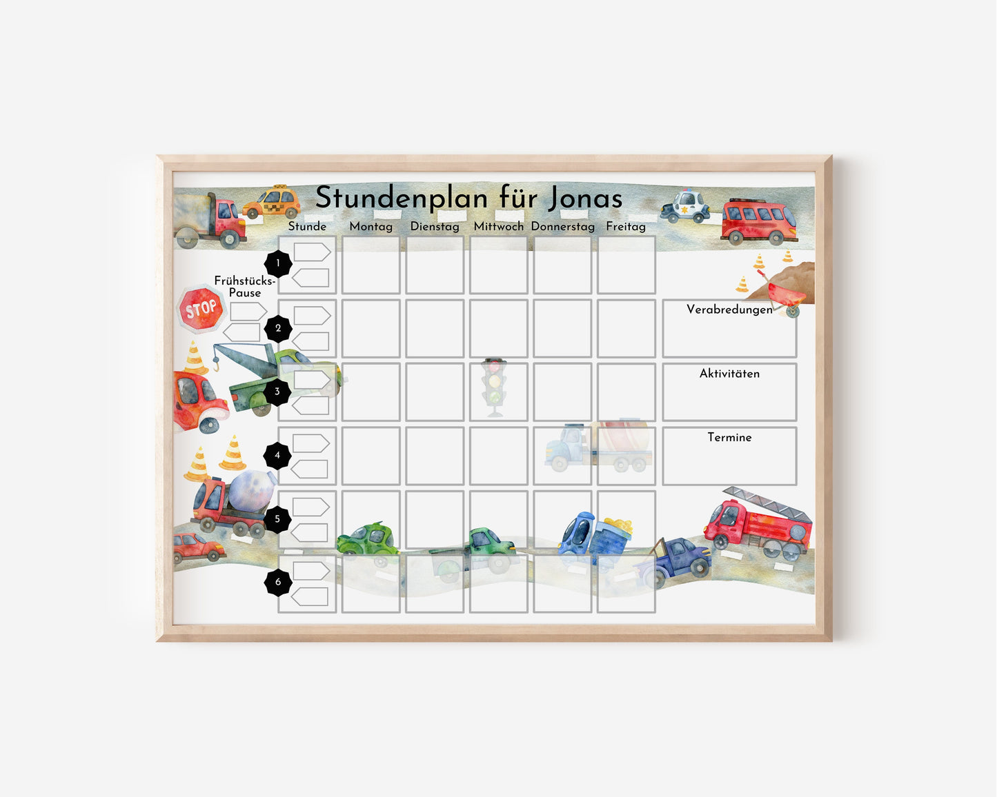 Stundenplan "Autos und Laster" 70 Schulfach Kärtchen, personalisiert für die Grundschule, laminiert, magnetisch, Geschenkidee Einschulung