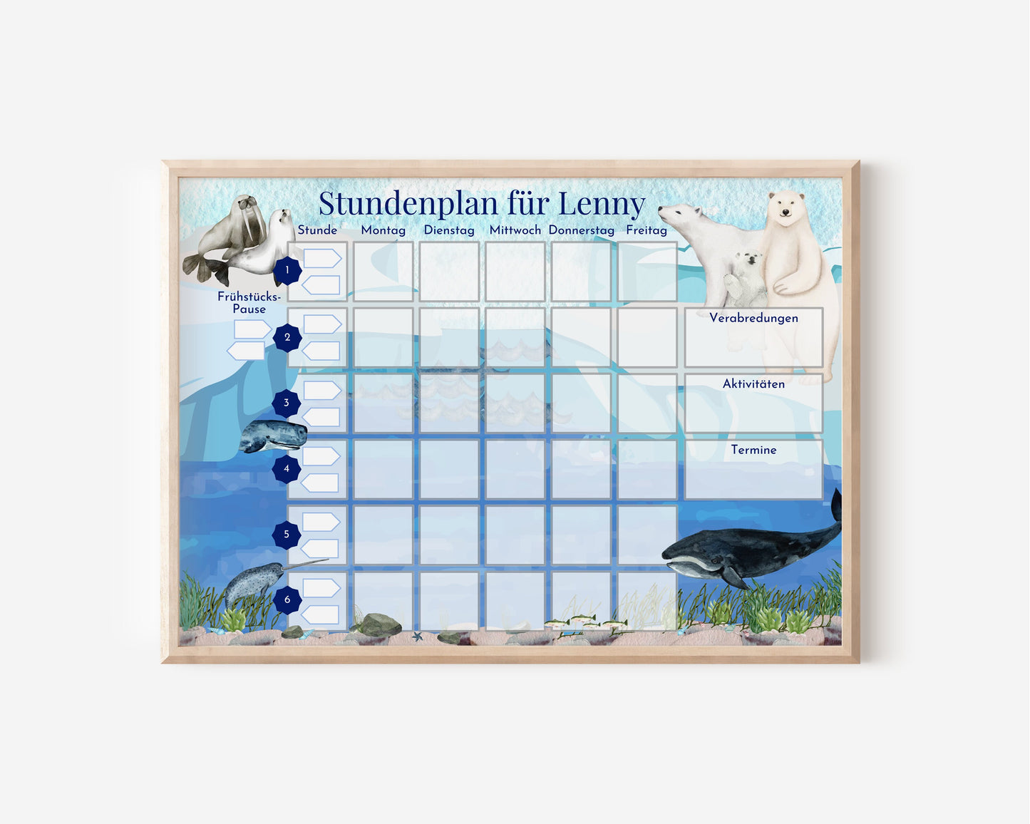 Stundenplan "Polarmeer" mit 70 Schulfach Karten, personalisiert für die Grundschule, optional magnetisch, Geschenkidee Einschulung