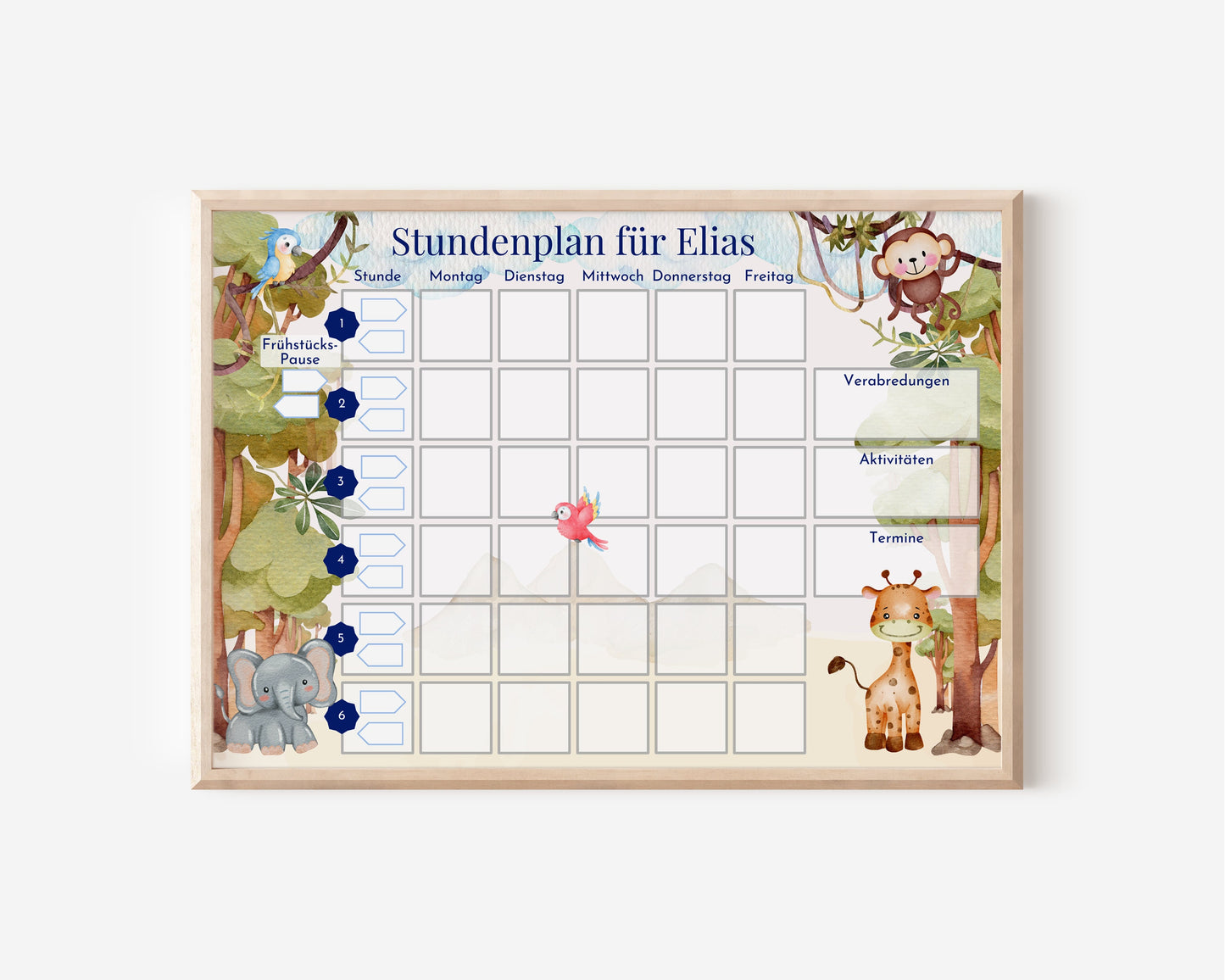 Stundenplan "Urwald" mit 70 Schulfach Kärtchen, personalisiert für die Grundschule, laminiert, magnetisch, Geschenkidee Einschulung