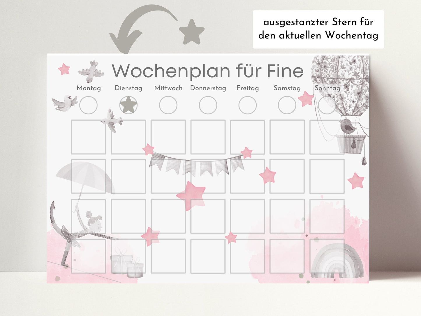 Wochenplaner für Kinder mit 246 Routine Karten, laminiert magnetisch personalisiert, Geschenkidee 1 Geburtstag, Wochenplan "Heissluftballon"