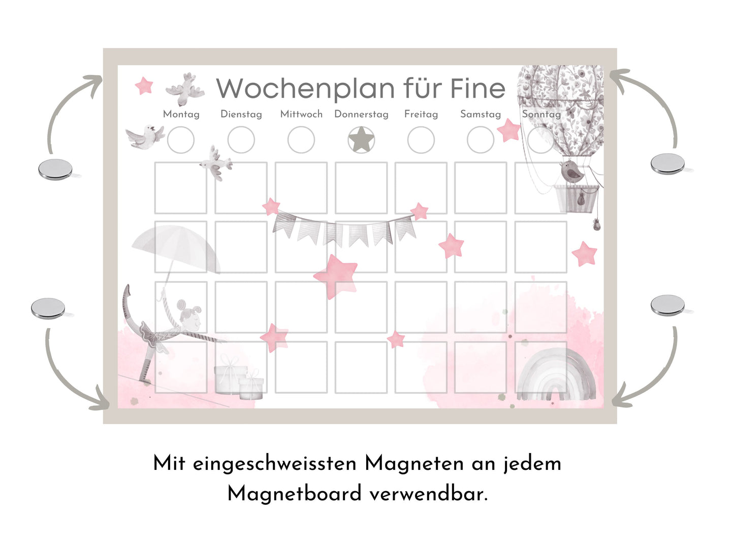 Wochenplaner für Kinder mit 246 Routine Karten, laminiert magnetisch personalisiert, Geschenkidee 1 Geburtstag, Wochenplan "Heissluftballon"