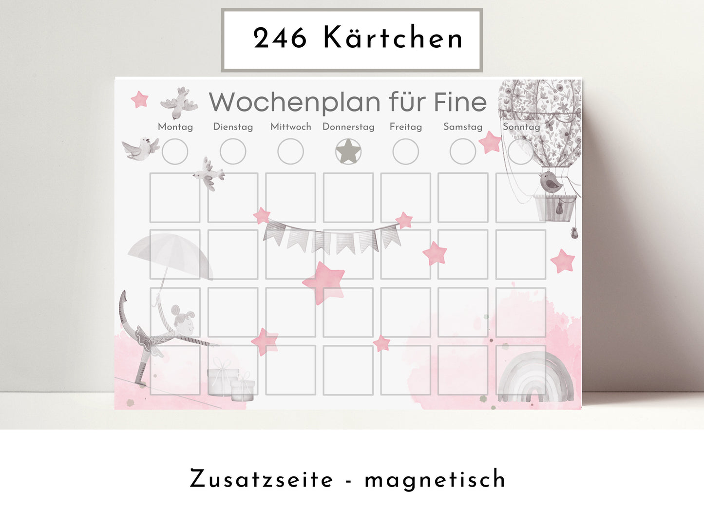 Wochenplaner für Kinder mit 246 Routine Karten, laminiert magnetisch personalisiert, Geschenkidee 1 Geburtstag, Wochenplan "Heissluftballon"