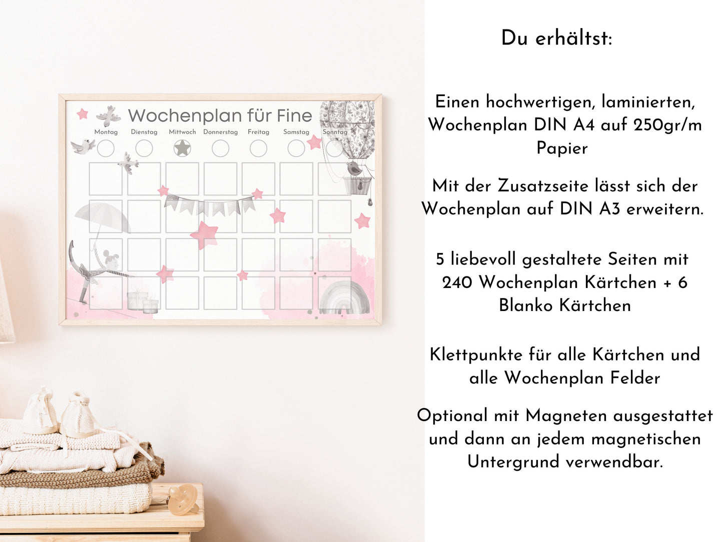 Wochenplaner für Kinder mit 246 Routine Karten, laminiert magnetisch personalisiert, Geschenkidee 1 Geburtstag, Wochenplan "Heissluftballon"