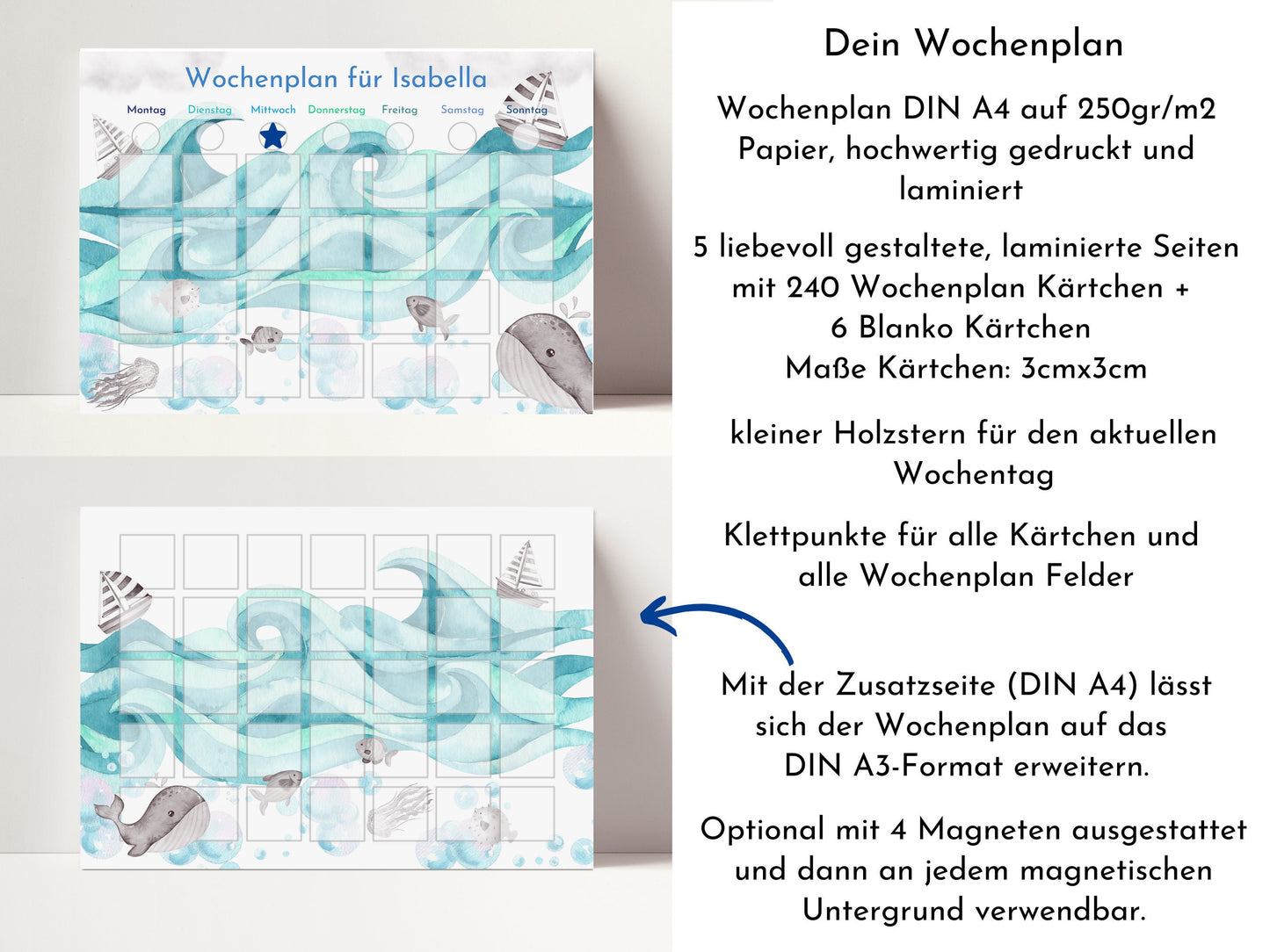 Personalisierter Wochenplan "Auf dem Meer" für Kinder mit 246 Routine Karten, laminiert magnetisch, Montessori Routineplan Familie Nordstern