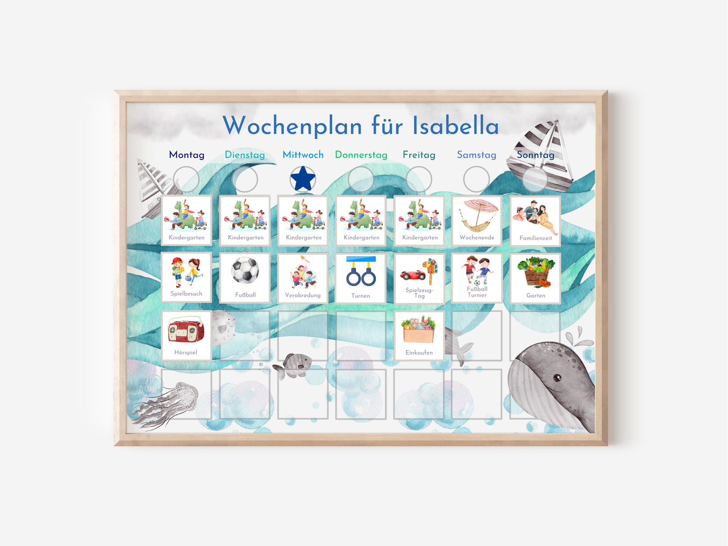 Personalisierter Wochenplan "Auf dem Meer" für Kinder mit 246 Routine Karten, laminiert magnetisch, Montessori Routineplan Familie Nordstern