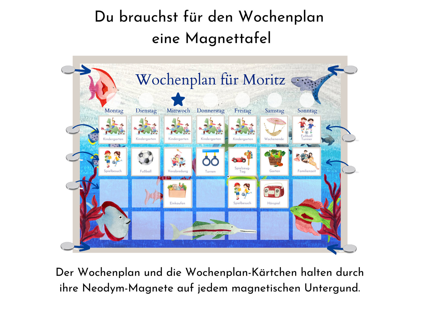 Magnetboard Wochenplan "Aquarium" personalisiert für Kinder, Tagesplan mit 246 Routine Karten, Magnete, Routineplan Ölpastell Aquarell