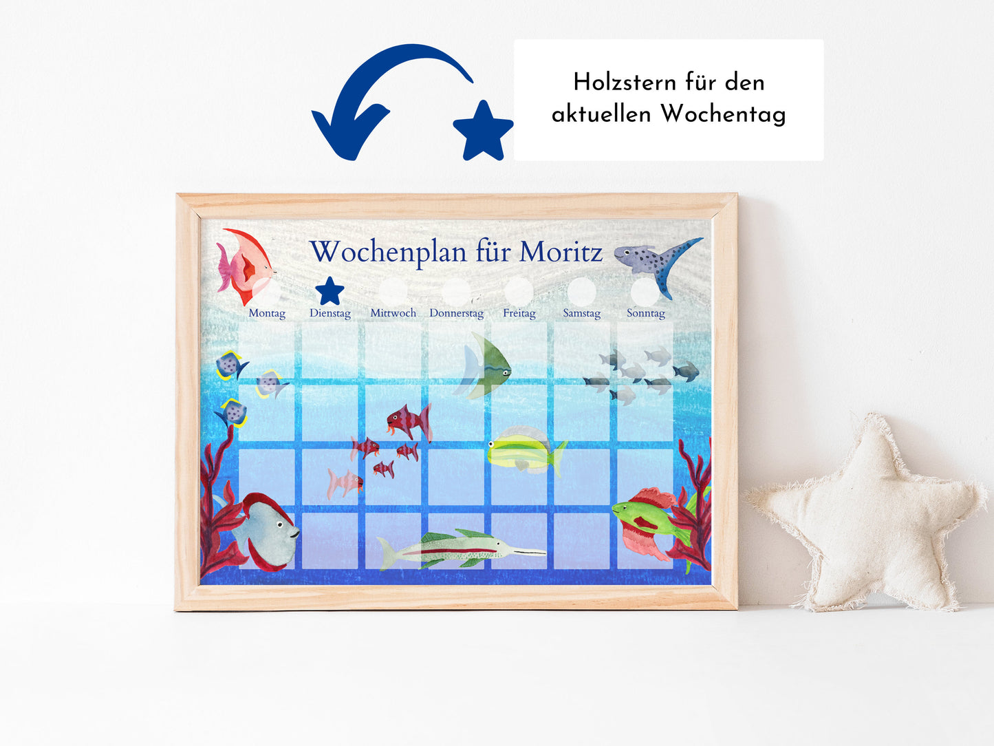 Magnetboard Wochenplan "Aquarium" personalisiert für Kinder, Tagesplan mit 246 Routine Karten, Magnete, Routineplan Ölpastell Aquarell