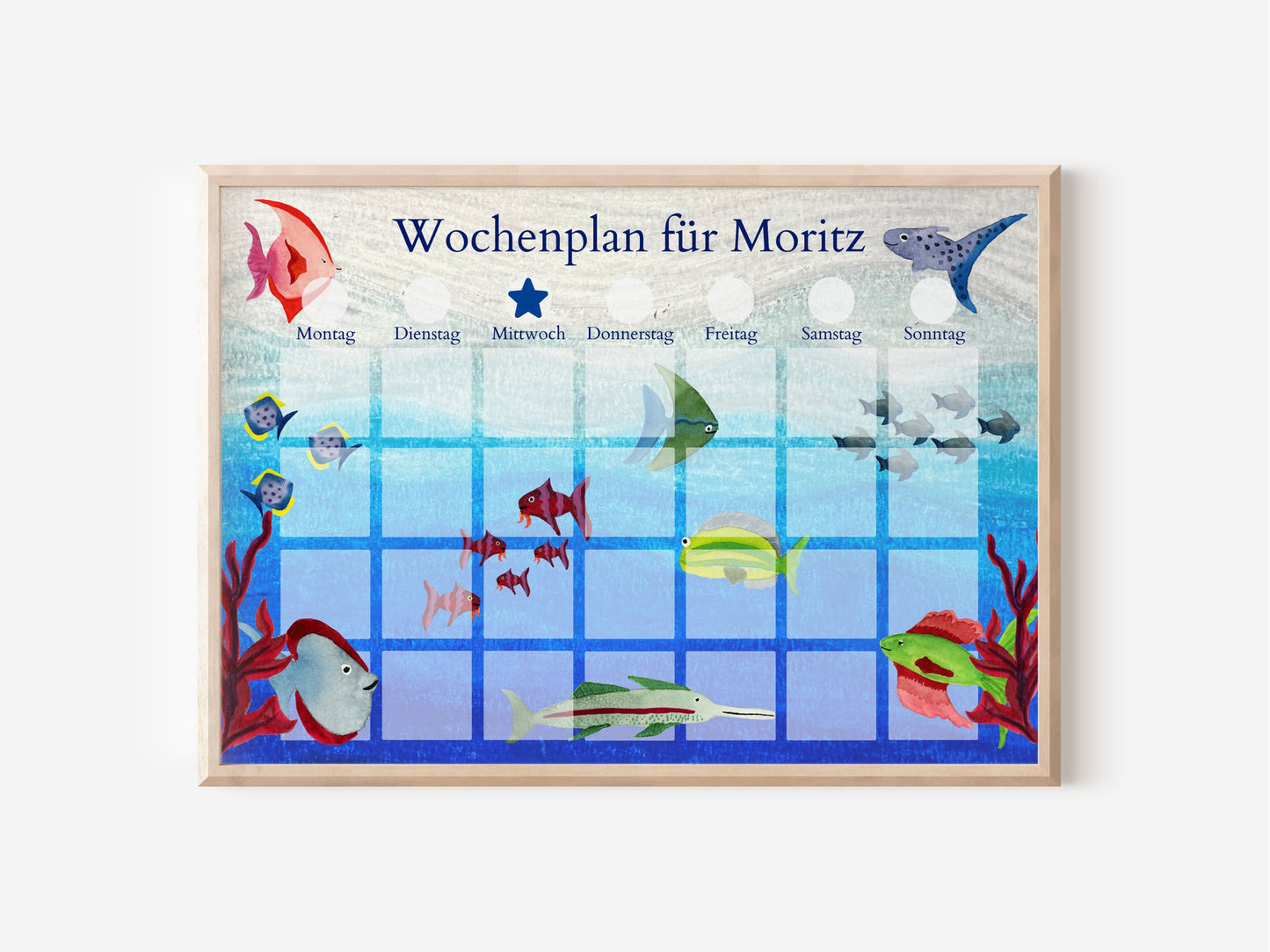 Magnetboard Wochenplan "Aquarium" personalisiert für Kinder, Tagesplan mit 246 Routine Karten, Magnete, Routineplan Ölpastell Aquarell