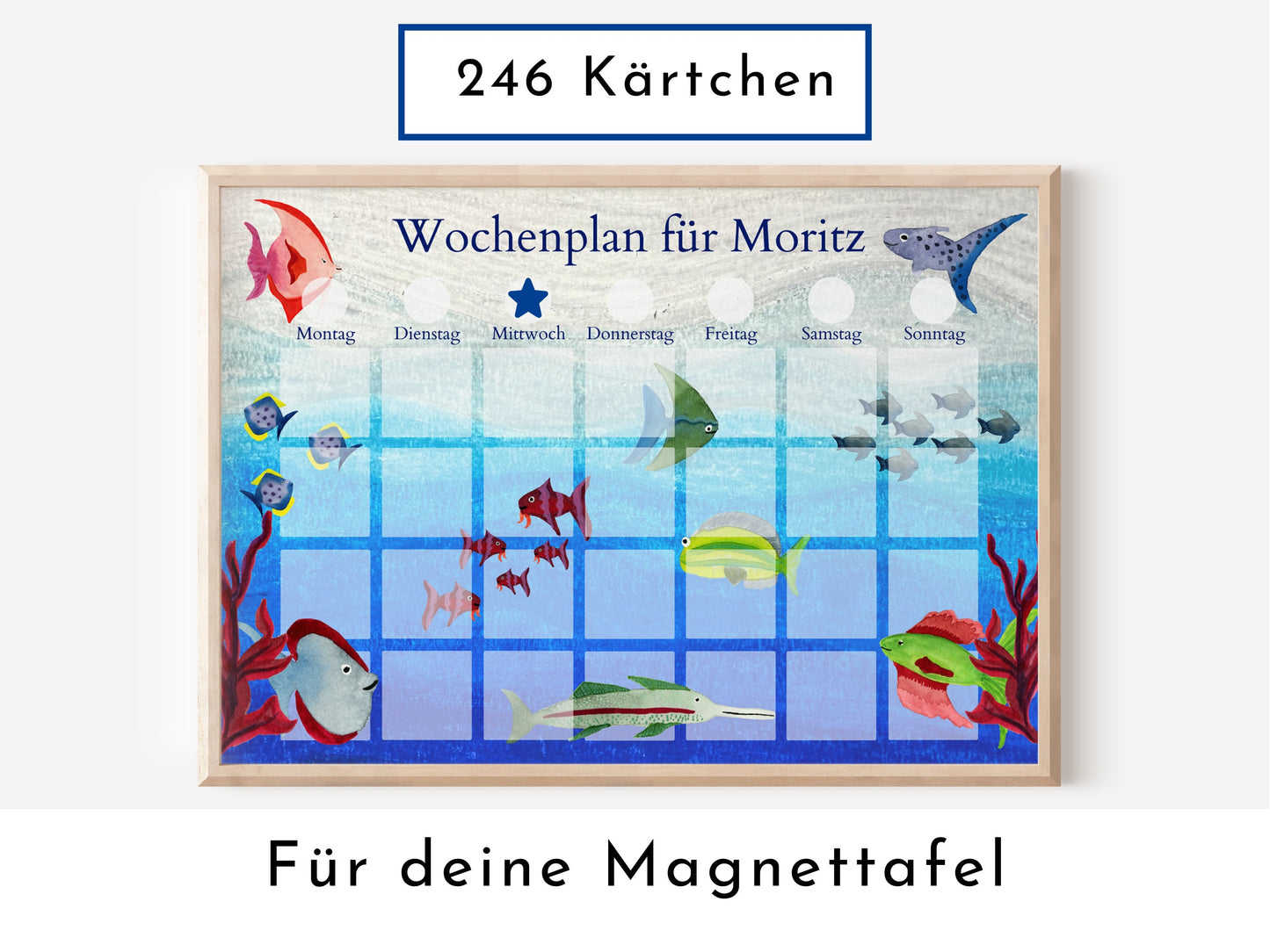 Magnetboard Wochenplan "Aquarium" personalisiert für Kinder, Tagesplan mit 246 Routine Karten, Magnete, Routineplan Ölpastell Aquarell