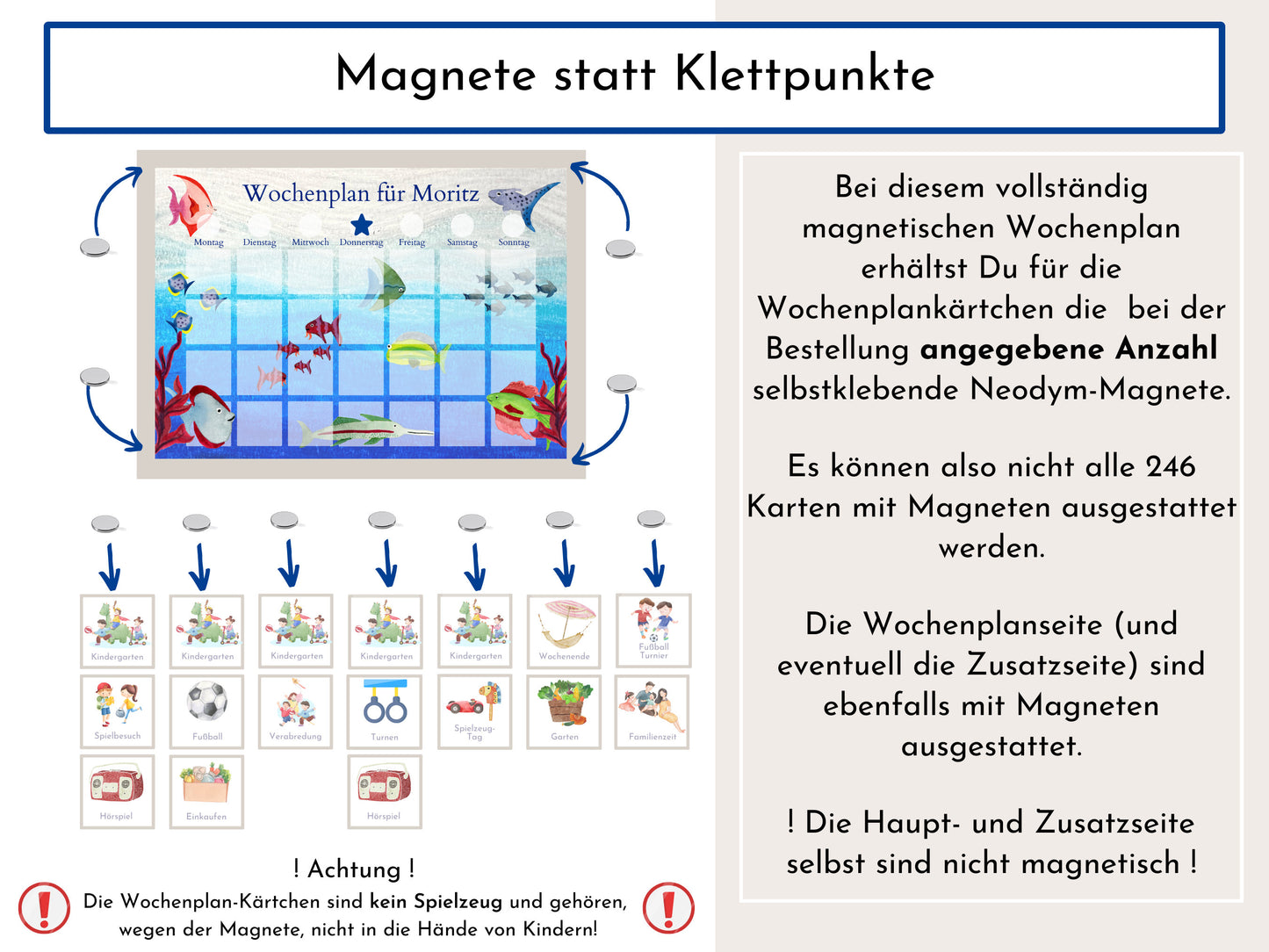 Magnetboard Wochenplan "Aquarium" personalisiert für Kinder, Tagesplan mit 246 Routine Karten, Magnete, Routineplan Ölpastell Aquarell
