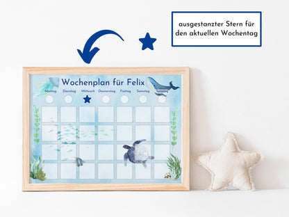 Personalisierter Wochenplan "Wal und Meer" nach Montessori für Kinder mit 246 Routine Karten, Routineplan mit Bildkarten