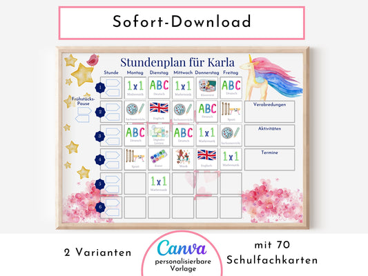 Stundenplan für die Grundschule mit Schulfach Bildkarten für Kinder, 70 Schulfachkarten zum Ausdrucken, Sofort-Download "Einhorn"