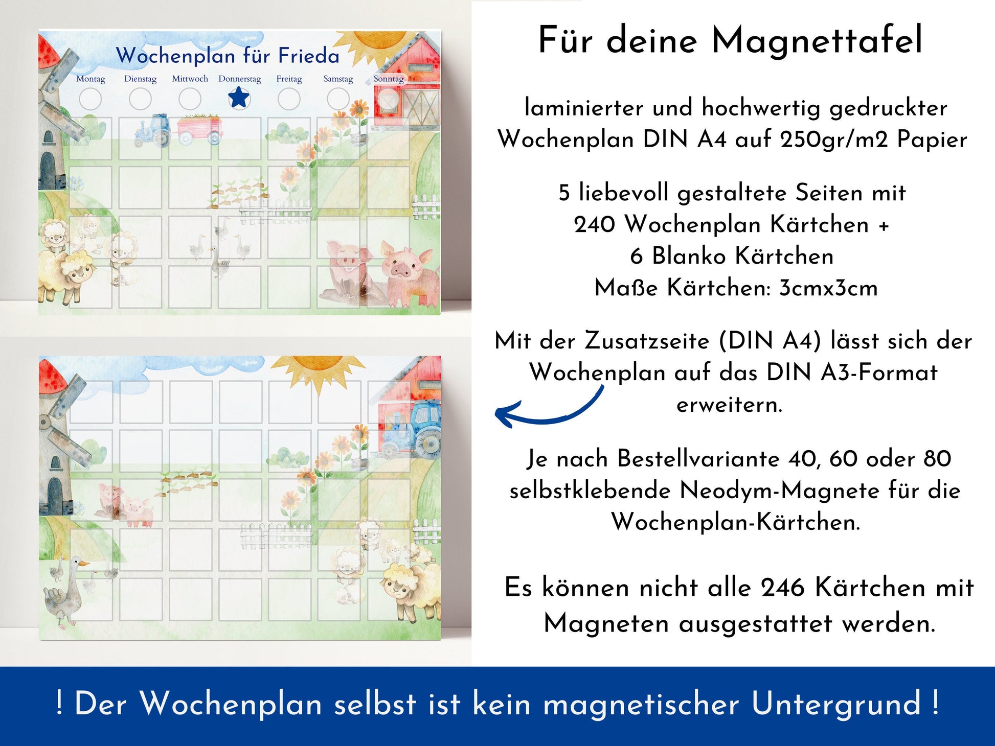 Magnetboard Wochenplan "Bauernhof" personalisiert für Kinder und Teenager, 246 Routine Karten, Neodym-Magnete, Montessori Routineplan