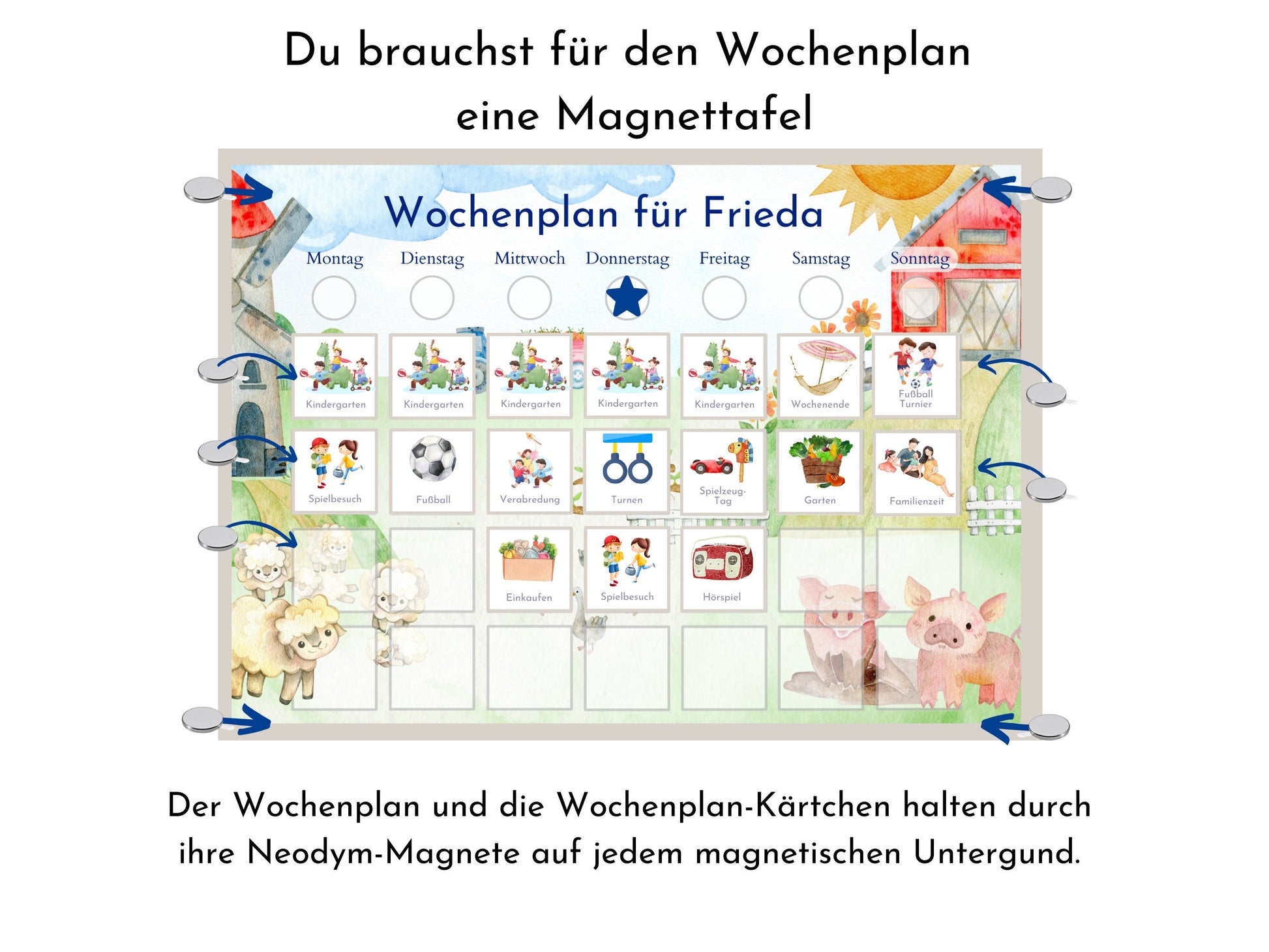 Magnetboard Wochenplan "Bauernhof" personalisiert für Kinder und Teenager, 246 Routine Karten, Neodym-Magnete, Montessori Routineplan