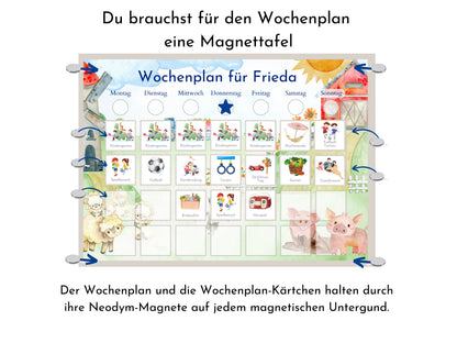 Magnetboard Wochenplan "Bauernhof" personalisiert für Kinder und Teenager, 246 Routine Karten, Neodym-Magnete, Montessori Routineplan