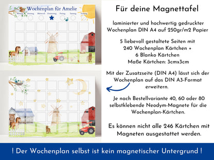 Magnetboard Wochenplan "Bauernhof" mit Name personalisiert für Kinder, 246 Routine Karten, Tagesplan mit 40-80 Magneten, Routineplan