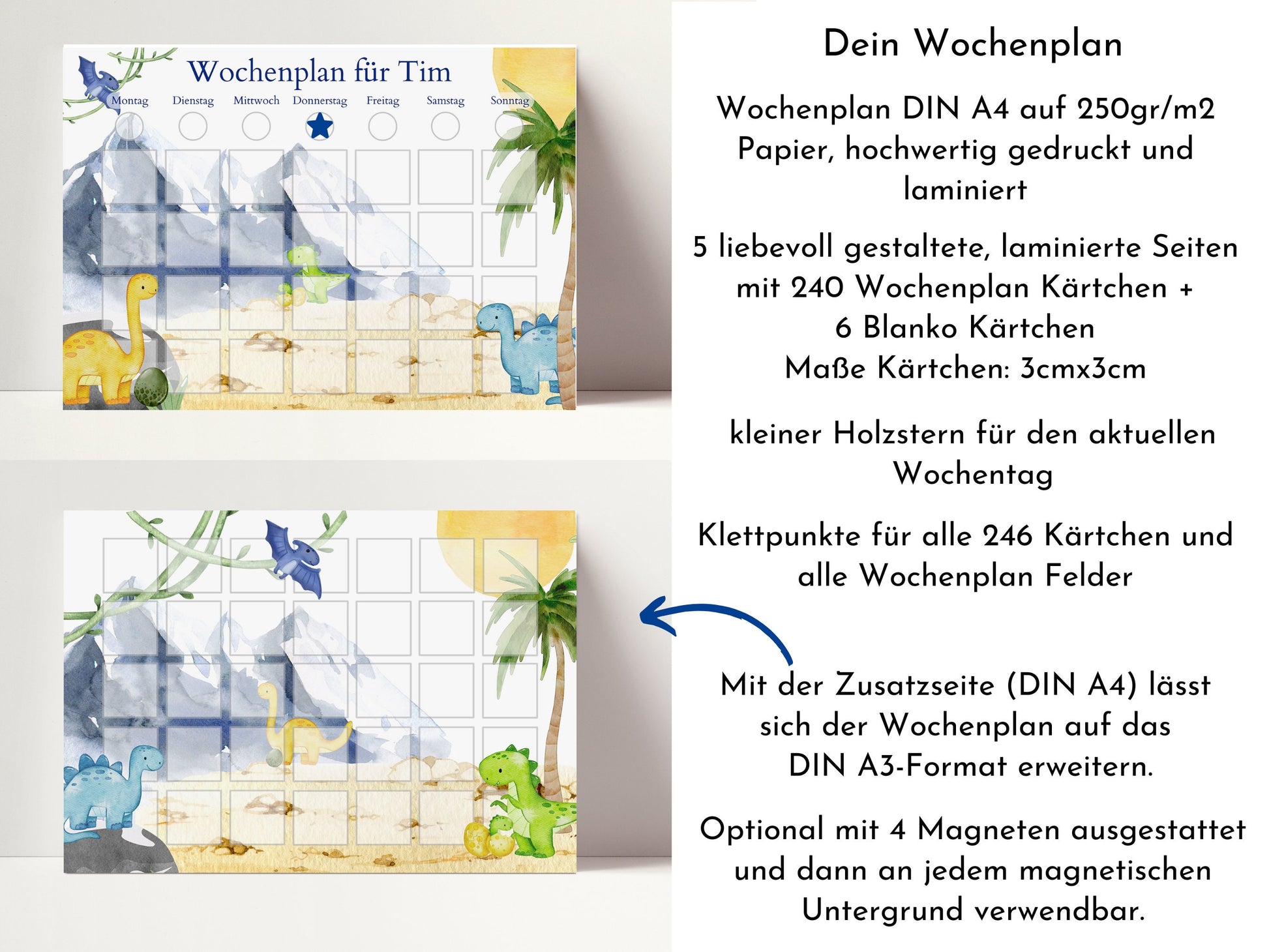 Personalisierter Wochenplan "Dinos und Berge", 246 Routine Karten, Klett laminiert magnetisch, Montessori Routineplan von Familie Nordstern