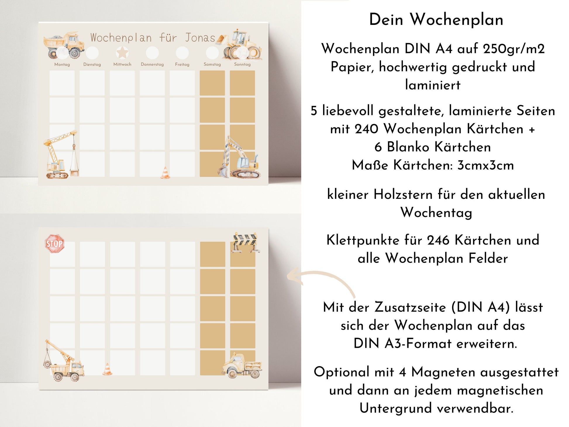 Wochenplan "Baustelle" mit Name personalisiert, 246 Routine Karten, laminiert, magnetisch, Montessori Routineplan mit Bildkarten für Kinder