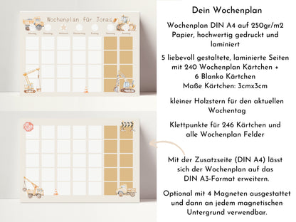 Wochenplan "Baustelle" mit Name personalisiert, 246 Routine Karten, laminiert, magnetisch, Montessori Routineplan mit Bildkarten für Kinder