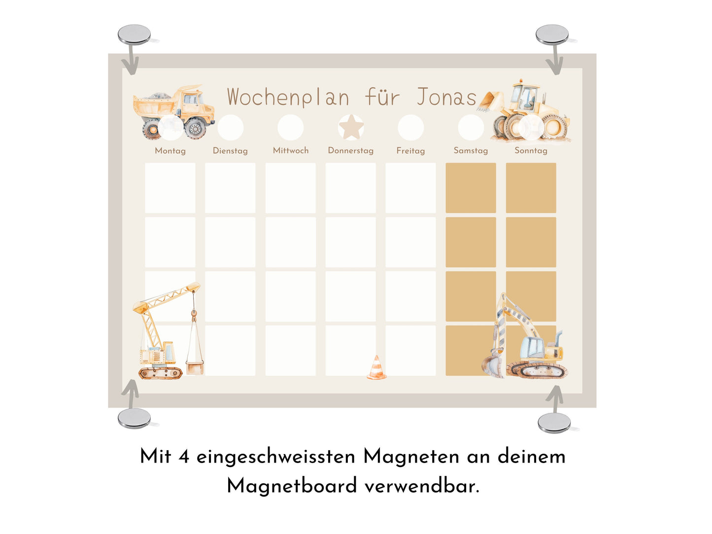 Wochenplan "Baustelle" mit Name personalisiert, 246 Routine Karten, laminiert, magnetisch, Montessori Routineplan mit Bildkarten für Kinder
