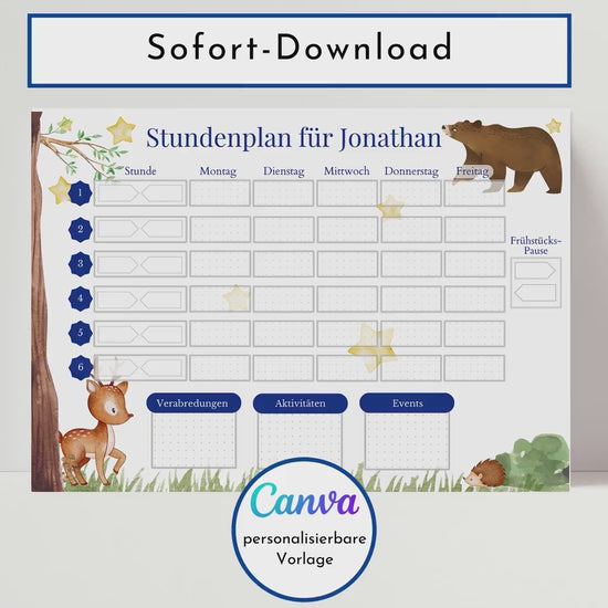 Stundenplan mit Namen personalisiert Tagesplan Schule Sofort-Download PDF Stundenplan Kinder Geburtstagsgeschenk zum Verschenken Wochenplan