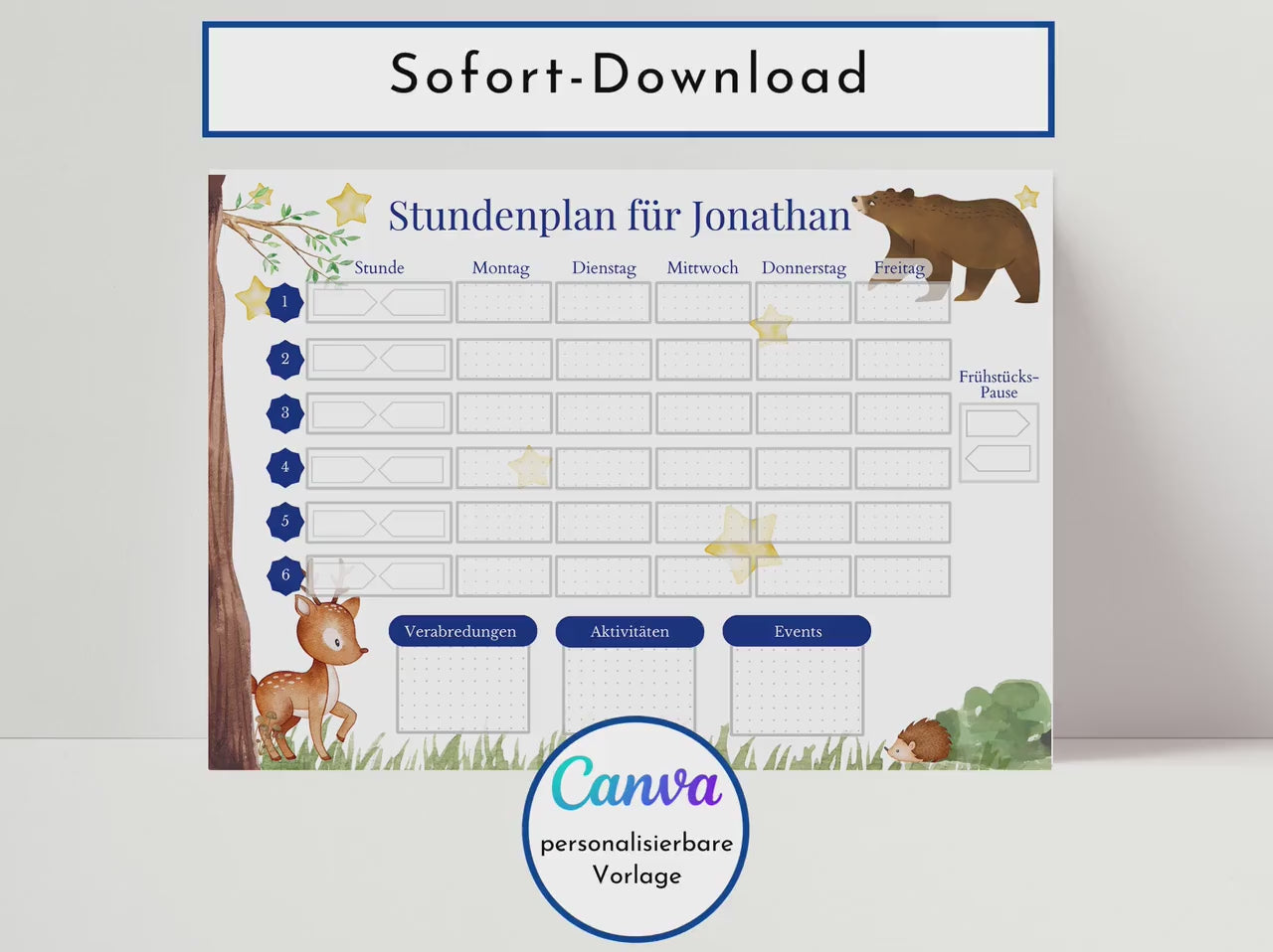 Stundenplan mit Namen personalisiert Tagesplan Schule Sofort-Download PDF Stundenplan Kinder Geburtstagsgeschenk zum Verschenken Wochenplan