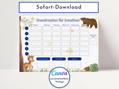 Stundenplan mit Namen personalisiert Tagesplan Schule Sofort-Download PDF Stundenplan Kinder Geburtstagsgeschenk zum Verschenken Wochenplan