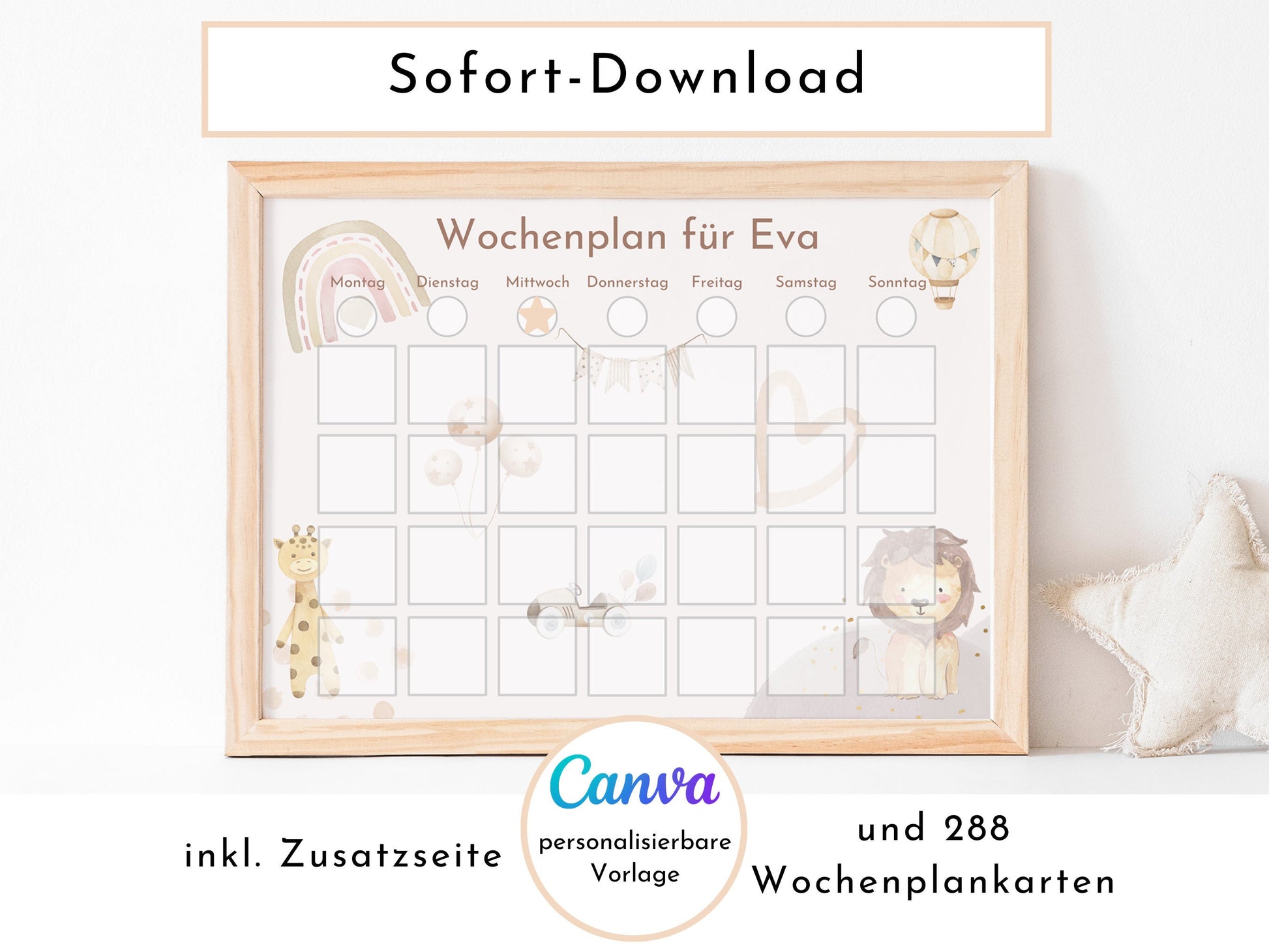 Wochenplan für Kinder, 288 Kärtchen, mit Name personalisierbar, Sofort-Download, Wochenplaner für Kinder, Geburtstag Geschenk "Boho"