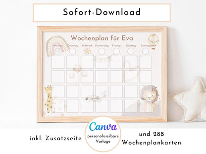 Wochenplan für Kinder, 288 Kärtchen, mit Name personalisierbar, Sofort-Download, Wochenplaner für Kinder, Geburtstag Geschenk "Boho"