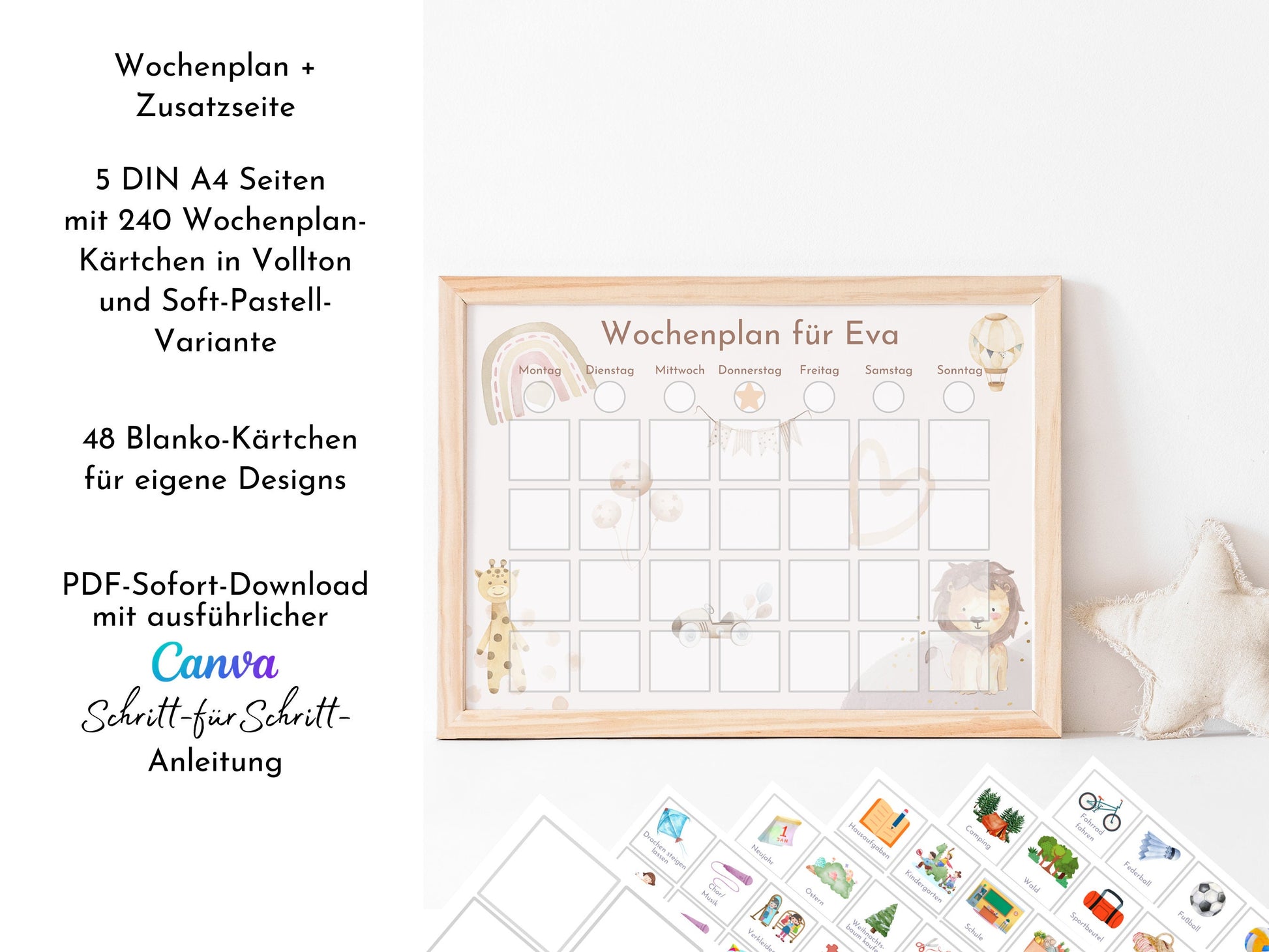 Wochenplan für Kinder, 288 Kärtchen, mit Name personalisierbar, Sofort-Download, Wochenplaner für Kinder, Geburtstag Geschenk "Boho"