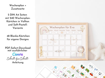 Wochenplan für Kinder, 288 Kärtchen, mit Name personalisierbar, Sofort-Download, Wochenplaner für Kinder, Geburtstag Geschenk "Boho"