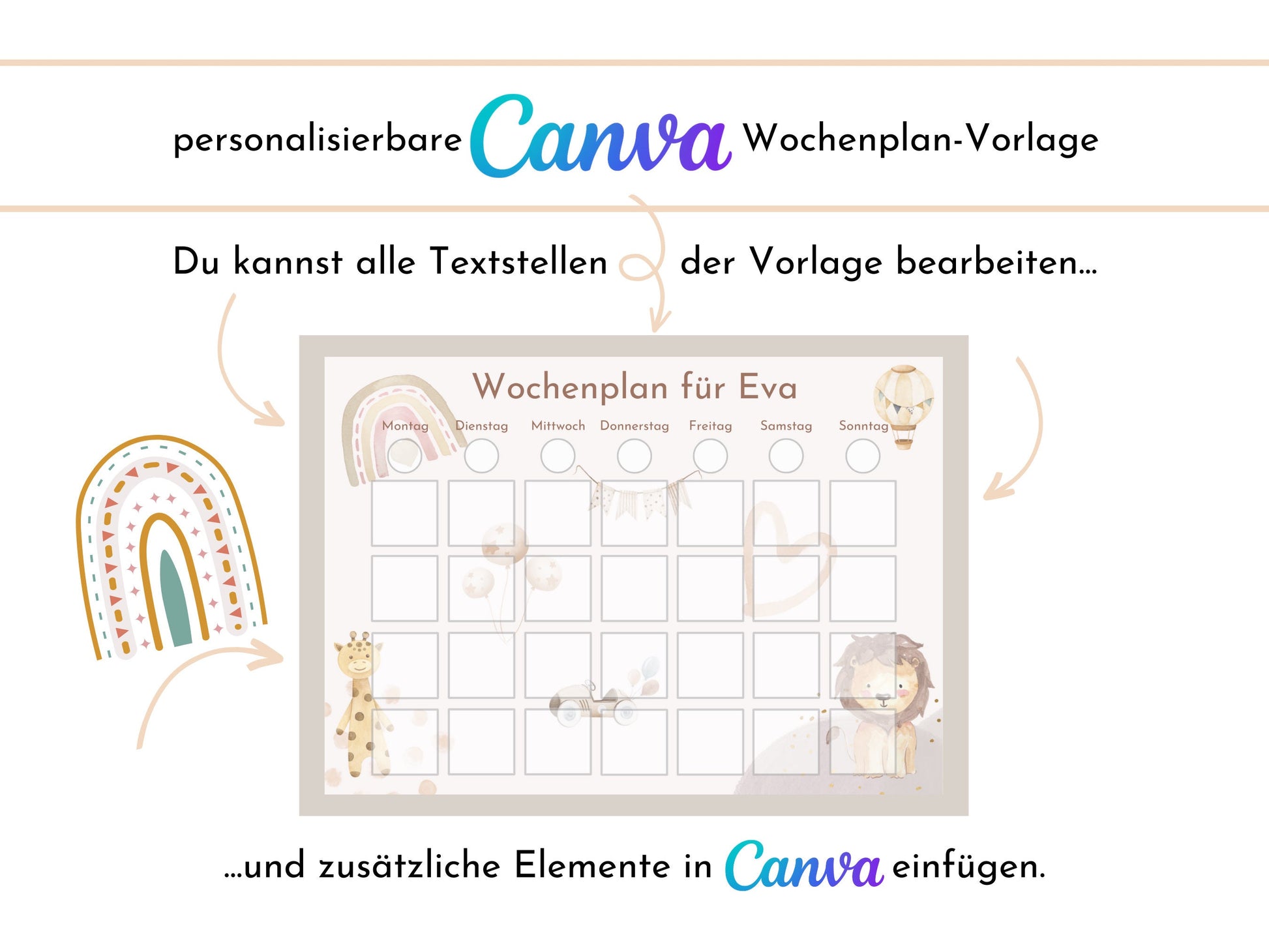 Wochenplan für Kinder, 288 Kärtchen, mit Name personalisierbar, Sofort-Download, Wochenplaner für Kinder, Geburtstag Geschenk "Boho"