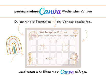Wochenplan für Kinder, 288 Kärtchen, mit Name personalisierbar, Sofort-Download, Wochenplaner für Kinder, Geburtstag Geschenk "Boho"