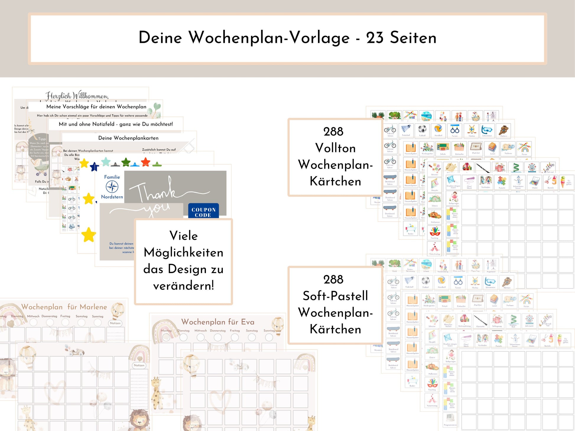 Wochenplan für Kinder, 288 Kärtchen, mit Name personalisierbar, Sofort-Download, Wochenplaner für Kinder, Geburtstag Geschenk "Boho"
