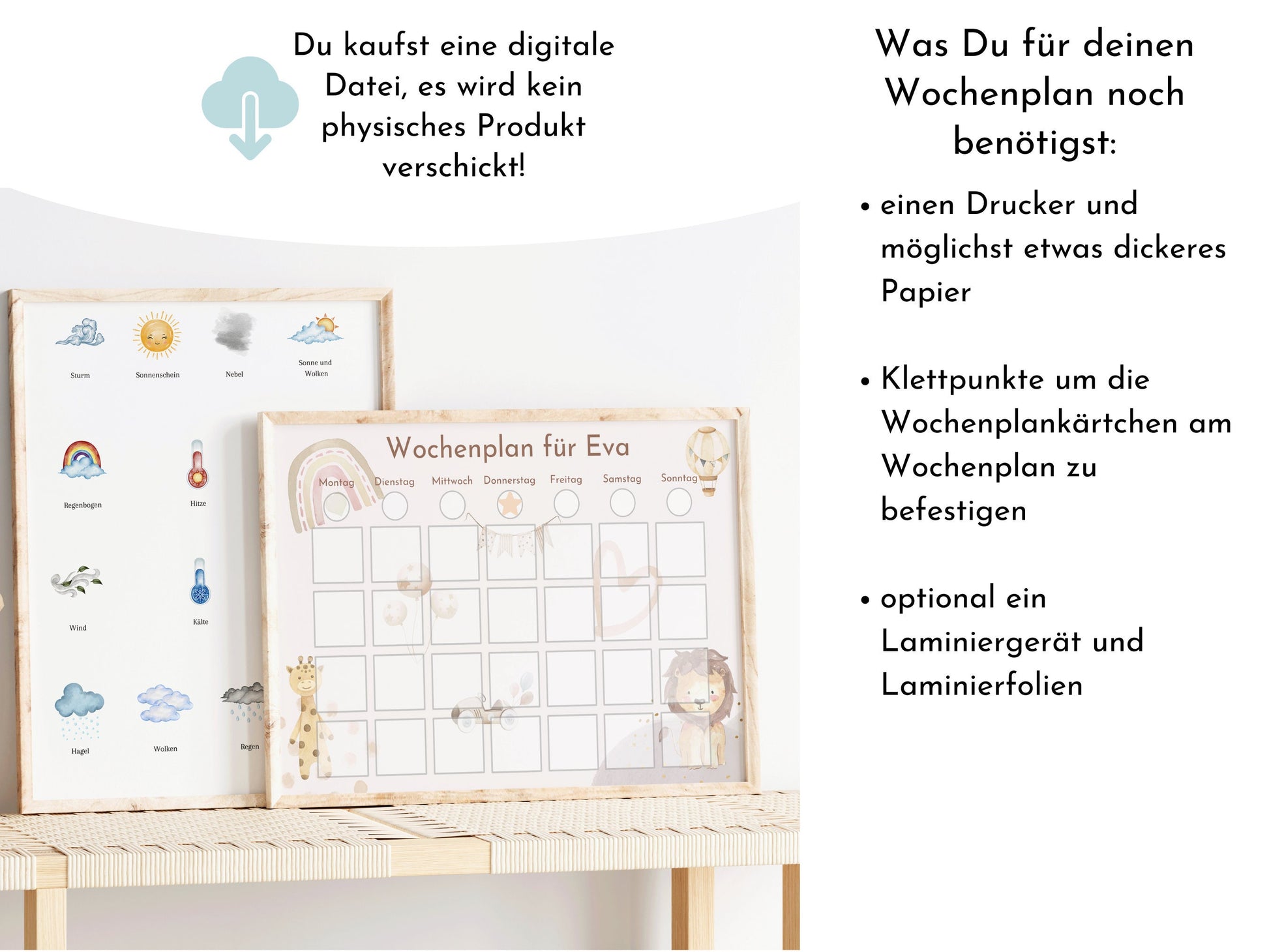 Wochenplan für Kinder, 288 Kärtchen, mit Name personalisierbar, Sofort-Download, Wochenplaner für Kinder, Geburtstag Geschenk "Boho"