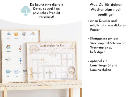 Wochenplan für Kinder, 288 Kärtchen, mit Name personalisierbar, Sofort-Download, Wochenplaner für Kinder, Geburtstag Geschenk "Boho"