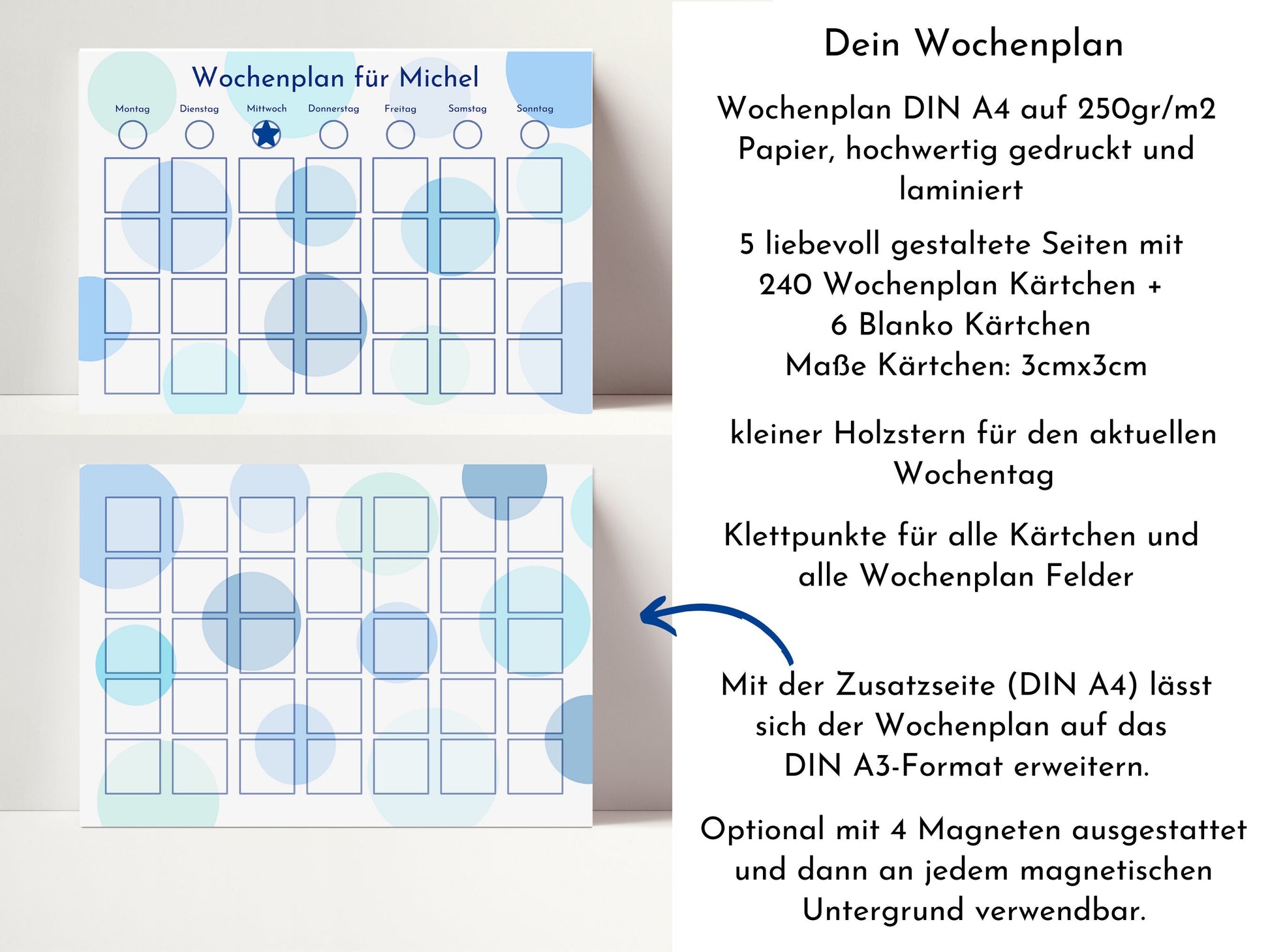 Wochenplan "Blaue Kreise" für Kinder und Teenager, 246 Routine Karten, personalisiert, laminiert, magnetisch, Geburtstag Geschenk Kind