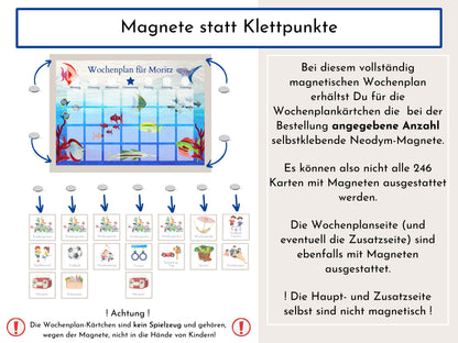Magnetboard Wochenplan "Aquarium" personalisiert für Kinder, Tagesplan mit 246 Routine Karten, Magnete, Routineplan Ölpastell Aquarell